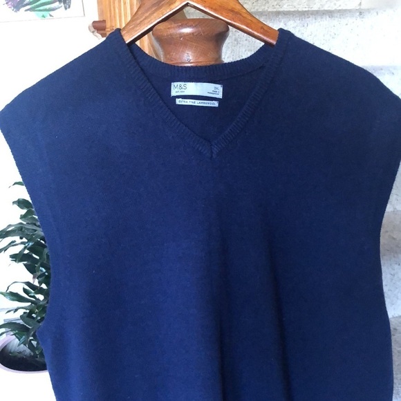 M & S Navy Blue Lambswool Sweater Vest Office Top - Picture 2 of 10